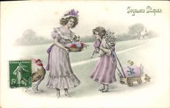 VINTAGE POSTCARD Merry Easter Child wife Cock Hen