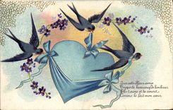 CPA Fantaisie Coeur Hirondelles
