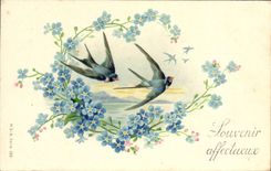 CPA Fantaisie Fleurs Souvenir Affectueux Hirondelles