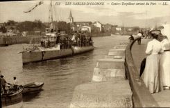 VINTAGE POSTCARD Sables d'Olonne Against Outgoing Destroyer Of the Port Boat