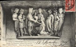 Castillo de la POSTAL de la VENDIMIA de la ceremonia principal de la galería del patio de Pierrefonds de la consagración de un caballero