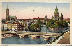 POSTAL Metz de la VENDIMIA vista en el Mosela y el puente medio