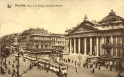 VINTAGE POSTCARD Brussels Places Stock Exchange and Boulevard Anspach Tramway