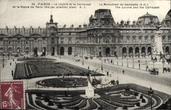 VINTAGE POSTCARD Paris Louvre and the Carousel the monument of Gambetta and the statue of Paris