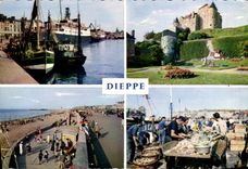 CPM Dieppe Le Brighton Au fond la chapelle des marins Le chateau La plage Le triage du poisson