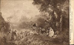VINTAGE POSTCARD Museum Of Louvre French School Watteau Loading for the island of Cythere