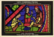 CPA Les Corporations Cathedrale de Chartres Les changeurs Vitrail de Saint Joseph Aspirine Usines du Rhone