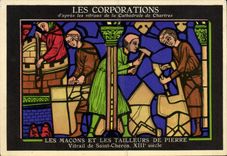 VINTAGE POSTCARD Corporations según los vidrios manchados de la catedral de la piedra de los masones de Chartres y de Aspirine de los masones