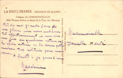 POSTAL Chenonceaux de la VENDIMIA el ala Thomas Bohier del castillo y detalle de la torre de las marcas