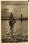 VINTAGE POSTCARD Cannes Sunset Lighthouse Boat