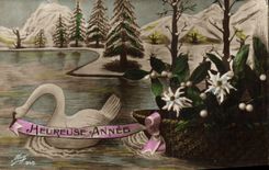 VINTAGE POSTCARD Happy Fantasy Year Swan