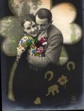 VINTAGE POSTCARD Fantaisie Woman Clover Elephant Horseshoe Clover Heart