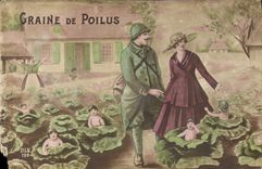 VINTAGE POSTCARD Fantaisie Woman Militaria Soldier Granulates the Hairy ones