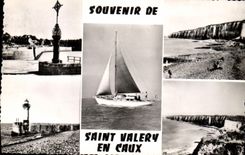CPM Saint Valery en Caux Les quais et le port La digue et la plage Vue prise des falaises Le phare Un voilier 