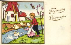 VINTAGE POSTCARD Fantasy Flowers Children Windmill