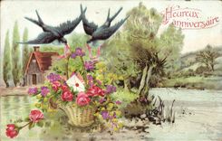 CPA Fantaisie Fleurs Hirondelles 