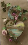 VINTAGE POSTCARD Fantaisie Flowers Horseshoe Coeur