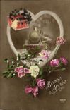 VINTAGE POSTCARD Fantasy Flowers Train Heart