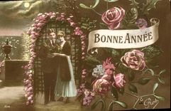 VINTAGE POSTCARD Fantasy Woman Flowers Happy New Year