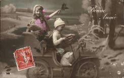 VINTAGE POSTCARD Fantasy Children Car Pig Pig