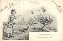 VINTAGE POSTCARD Nice Small bells Woman Lamb