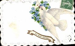 CPA Fantaisie Brodee Fleurs colombe