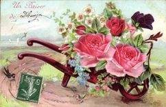 CPA Fantaisie Fleurs Brouette Bonjour de Dhuizon