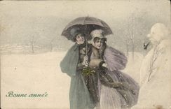 CPA Fantaisie Femme Bonhomme de neige