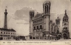 VINTAGE POSTCARD Lyon Elevator of the Tower Archbishop's palace and Basilica of Fourviere