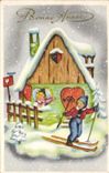 CPA Bonne Annee Enfants Ski 