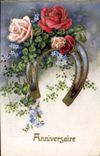 VINTAGE POSTCARD Anniversaire Flowers Horseshoe