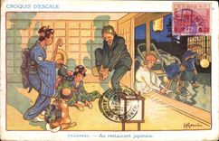 CPA Illustrateur Gervese Croquis d'escale Messageries Maritimes Nagasaki Au restaurant japonais Japon Japan