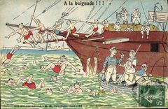 VINTAGE POSTCARD Boat War sailors With the bathe