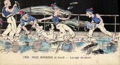 CPA Bateau Guerre Nos marins Lavage du pont