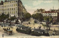 VINTAGE POSTCARD Tramway Lyon Train places bridge and course of Brasserie freedom of Guillotiere