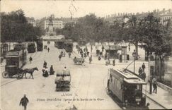 VINTAGE POSTCARD Tramway Lyon Train places Perrache taken of the exit of the station