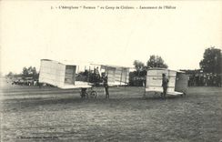CPA Avion Aviation Aeroplane Farman au camp de Chalons Lancement de l'helice