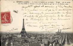 CPA Avion Aviation Paris le comte de lambert sur son biplan Wright vole de Juvisy a la Tour Eiffel Paris 