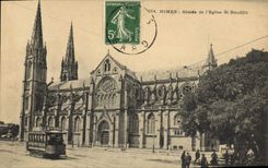 VINTAGE POSTCARD Tram Train Nimes Apse of the church St Baudille Byrrh