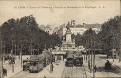 VINTAGE POSTCARD Tramway Train Lyon Station of the trams has Perrache and monument of the Republic Menier Chocolate