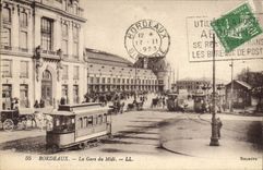 VINTAGE POSTCARD Tram Bordeaux Train Train station of the South