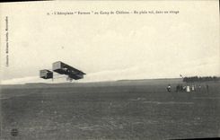 CPA Aviation Avion Aeroplane Farman au camp de Chalons en plein vol dans un virage 