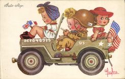 VINTAGE POSTCARD Automobile Children Jeppe Leclerc US Army