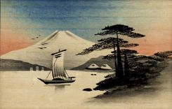 VINTAGE POSTCARD of Japanese Japan wood Boat Landscape