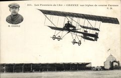 CPA Avion Aviation Chavez sur biplan de course Farman