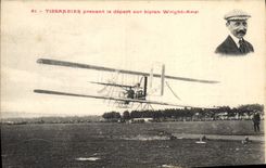 VINTAGE POSTCARD Plane Tissandier Aviation taking the departure on biplane Wright Ariel