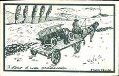 VINTAGE POSTCARD Automobile Return of a walk Franz Veccia