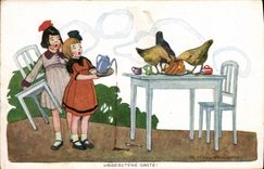 CPA Illustrateur Ungebetene Gaste Enfants Poules Krauss Larus 