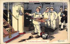 VINTAGE POSTCARD Marine Illustrator Gervese Boat War the author in his workshop Painter painting