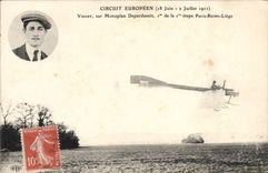 VINTAGE POSTCARD Plane Aviation European Circuit 1911 Vidart on Deperdussin Monoplane 1st stage Paris Rheims Liege